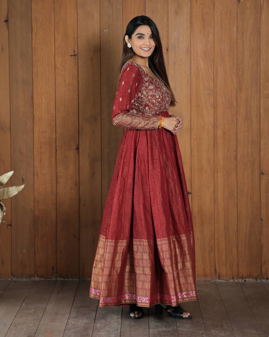 Red Embroidered Silk Gown Luxury with Micro Cotton Inner