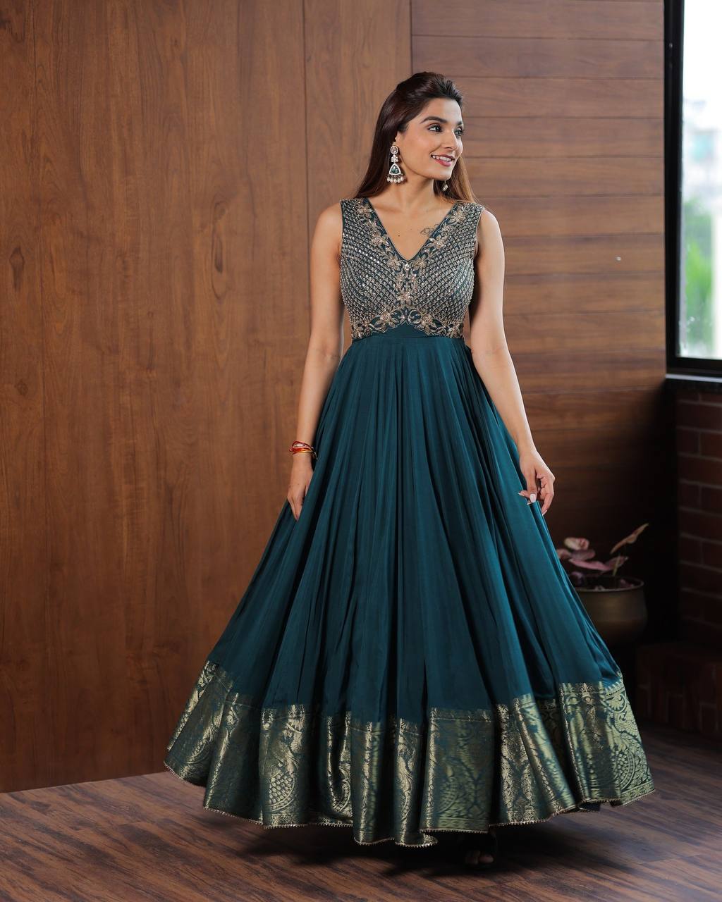 Blue Embroidered  with Jacquard  Gown