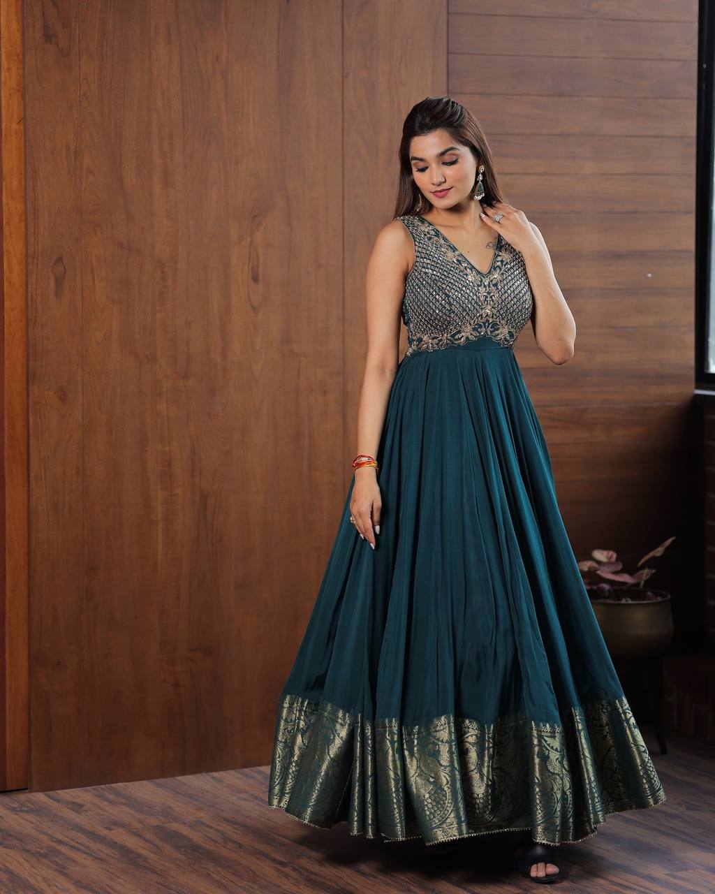 Blue Embroidered  with Jacquard  Gown