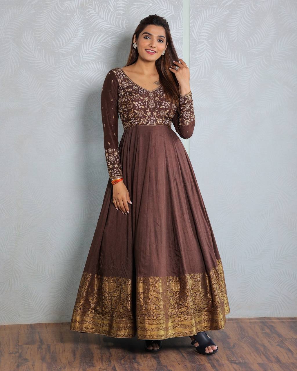 Brown Embroidered  with Silk Jacquard  Gown