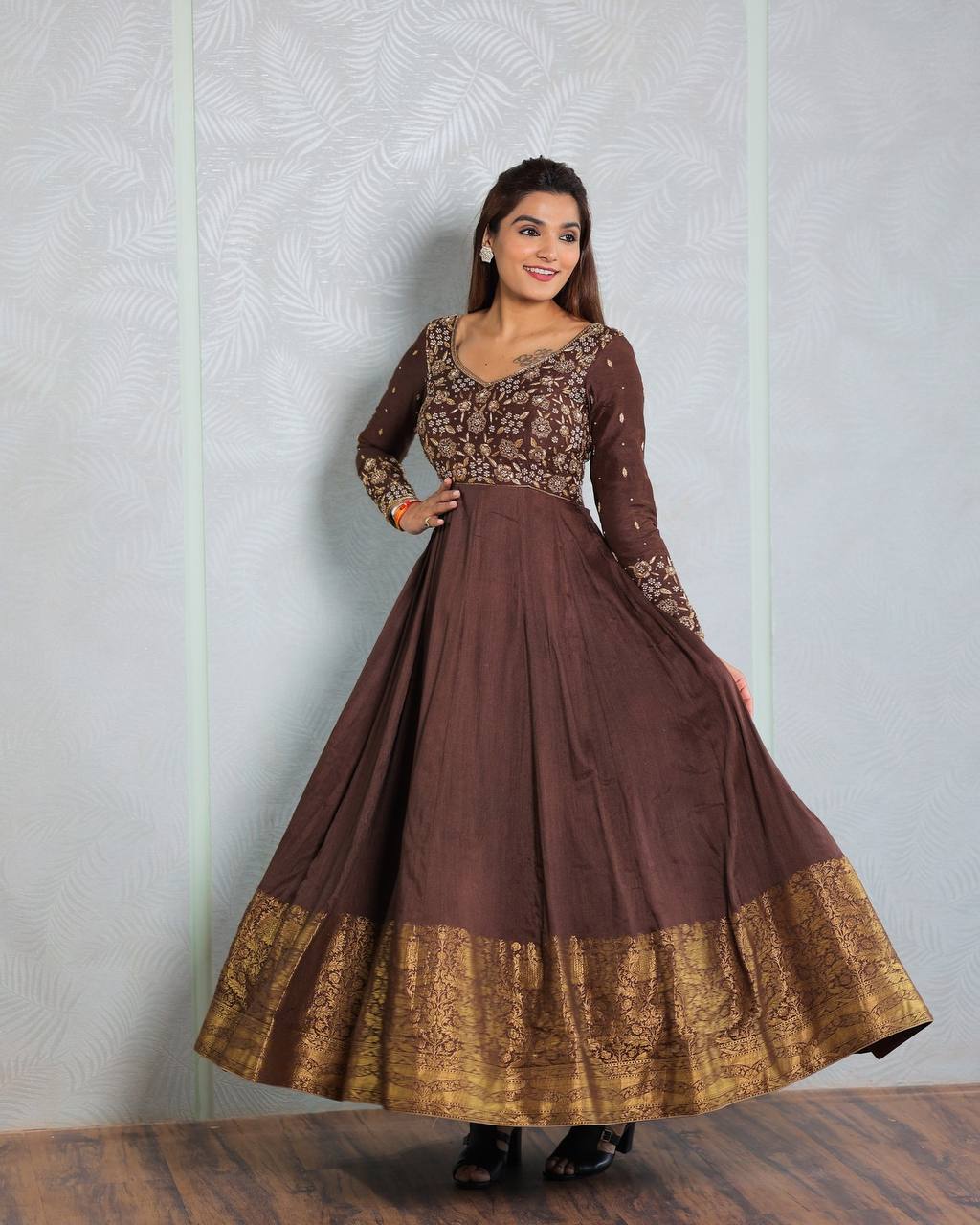 Brown Embroidered  with Silk Jacquard  Gown