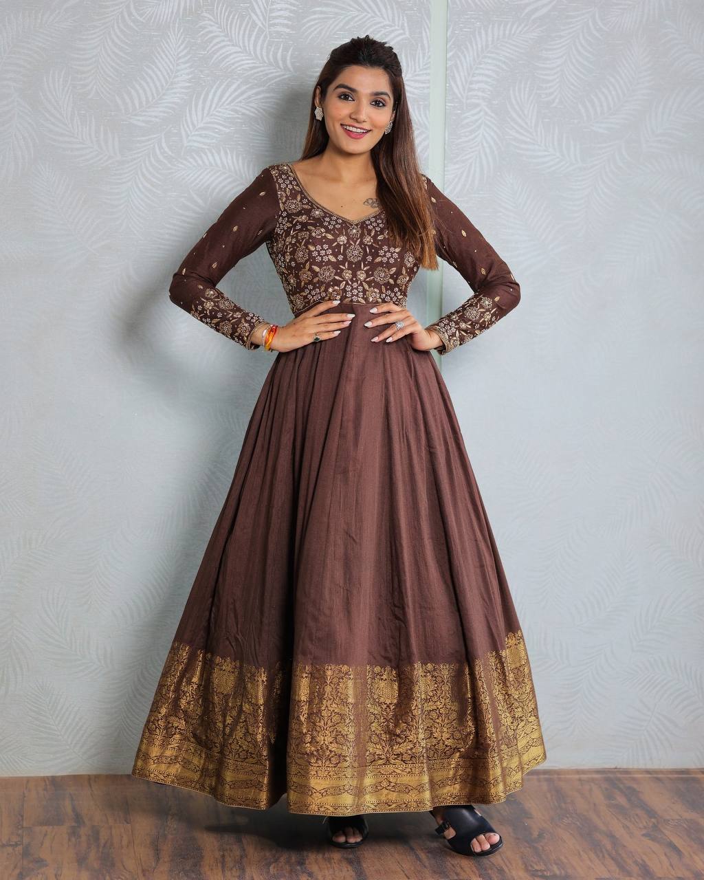 Brown Embroidered  with Silk Jacquard  Gown