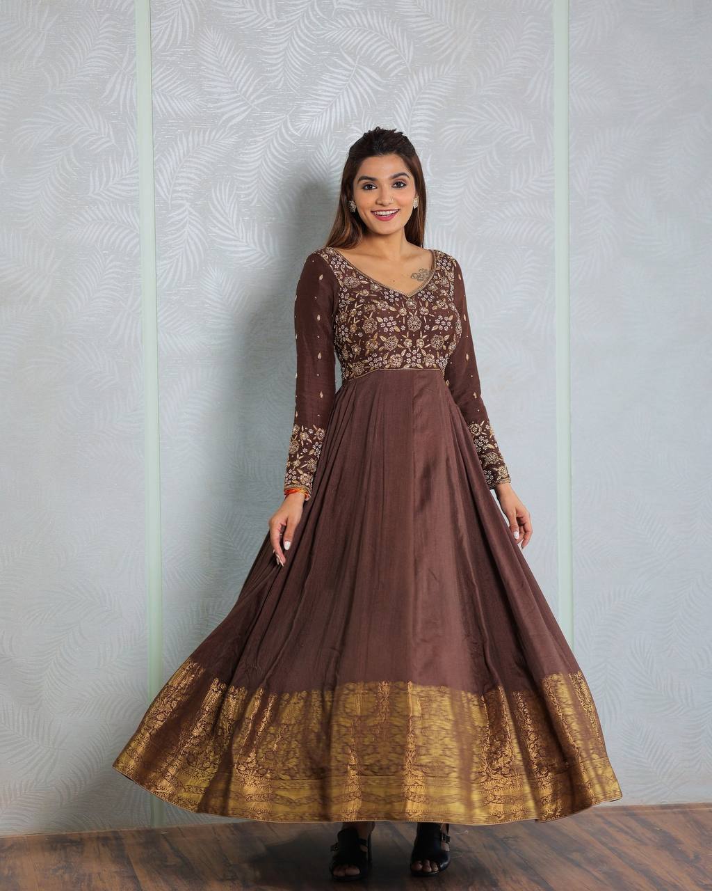 Brown Embroidered  with Silk Jacquard  Gown