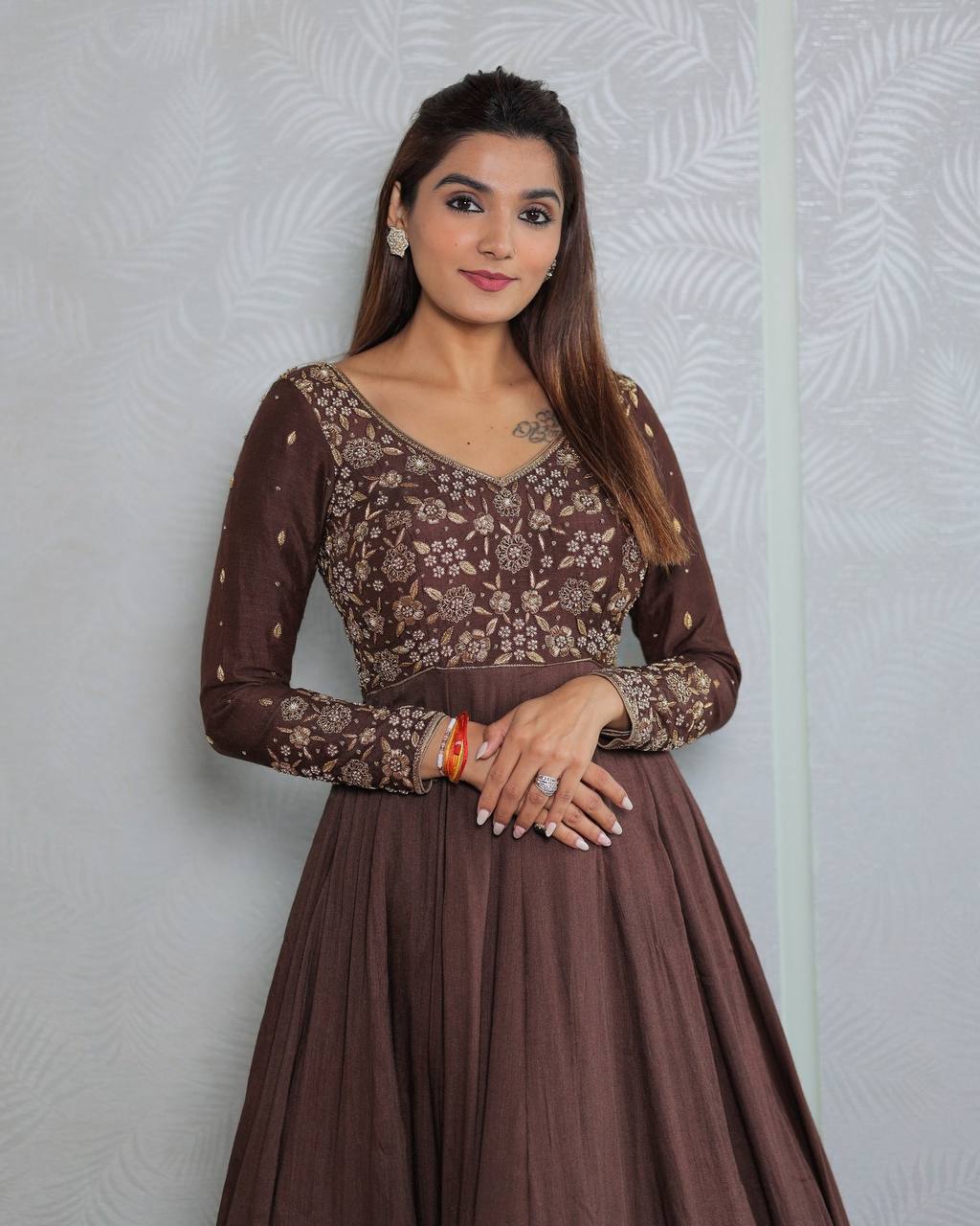 Brown Embroidered  with Silk Jacquard  Gown