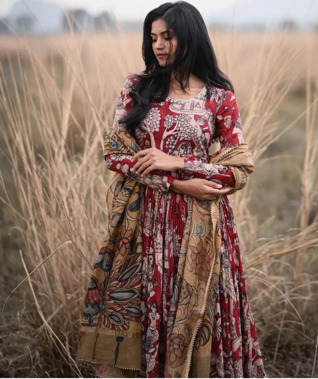 Red Beautiful Digital Printed Kalamkari Gown