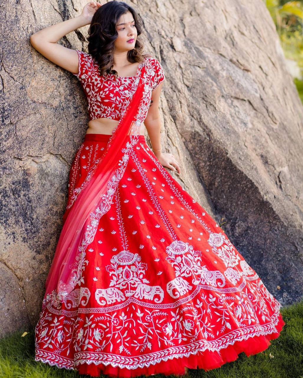 Red Embroidered  Georgette Lehenga Choli