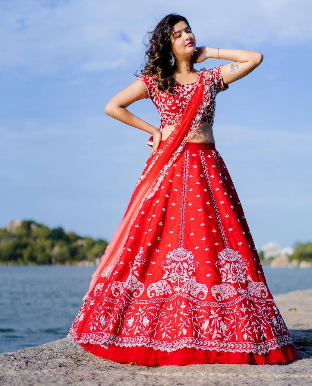 Red Embroidered  Georgette Lehenga Choli