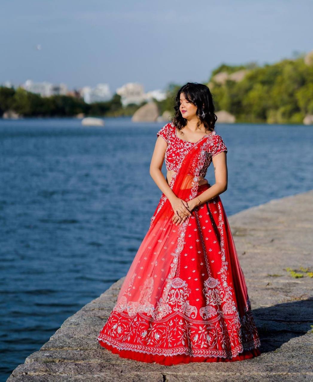 Red Embroidered  Georgette Lehenga Choli