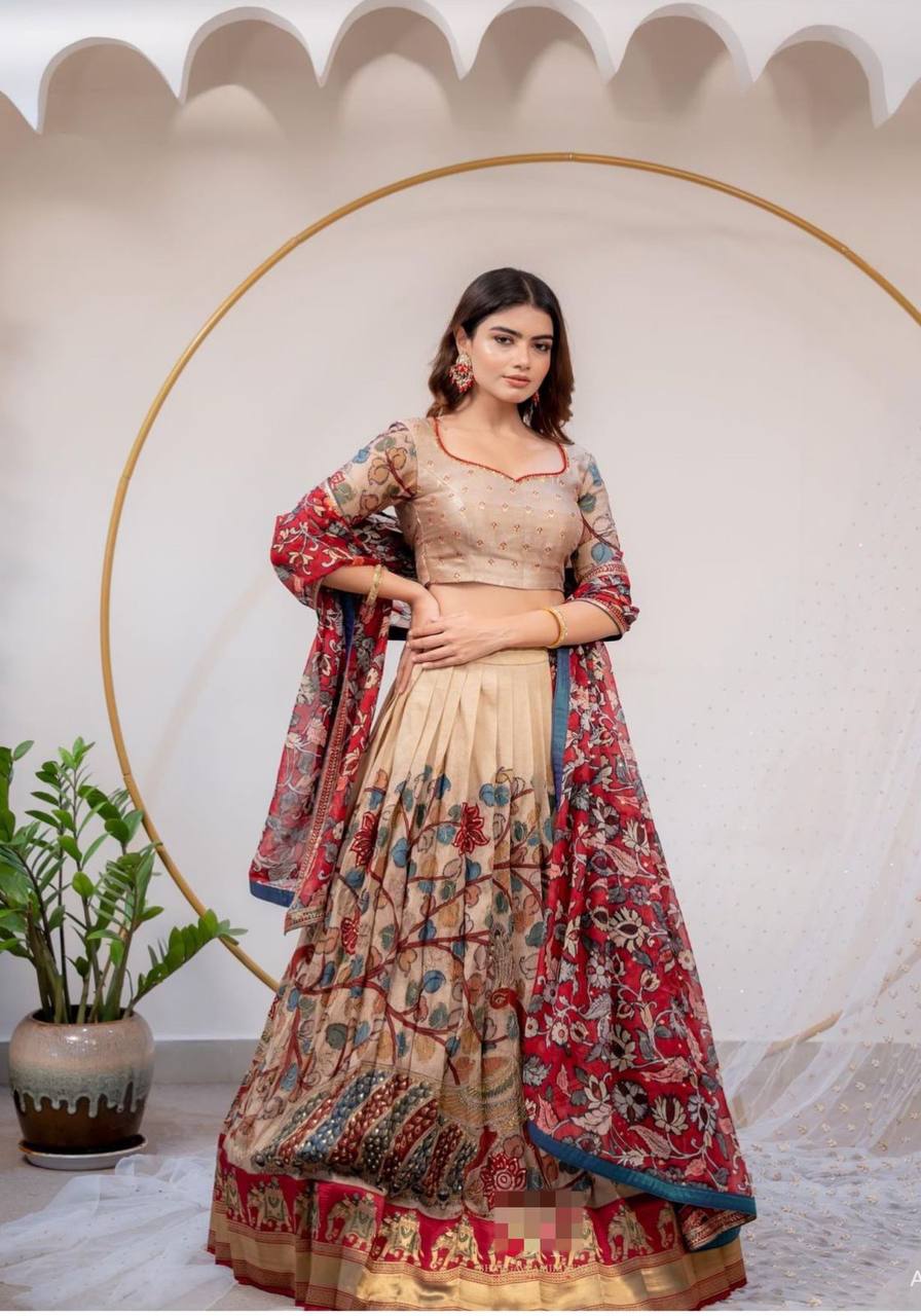 Grey Chinon Kalamkari Printed Work Lehenga Choli