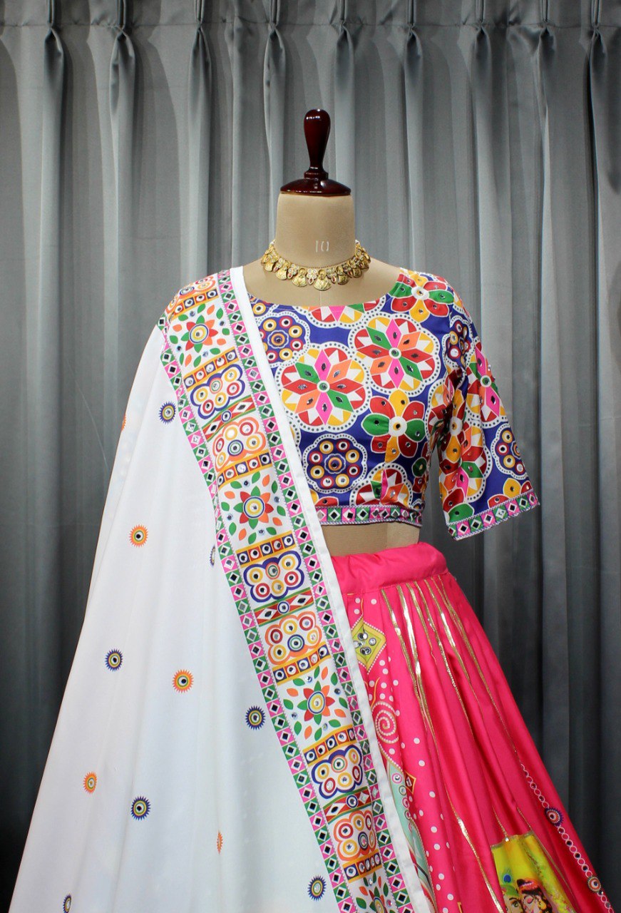 PINK SILK LENGHA CHOLI WITH REAL MIRROR WORK ANFD ATTACHED DUPATTA