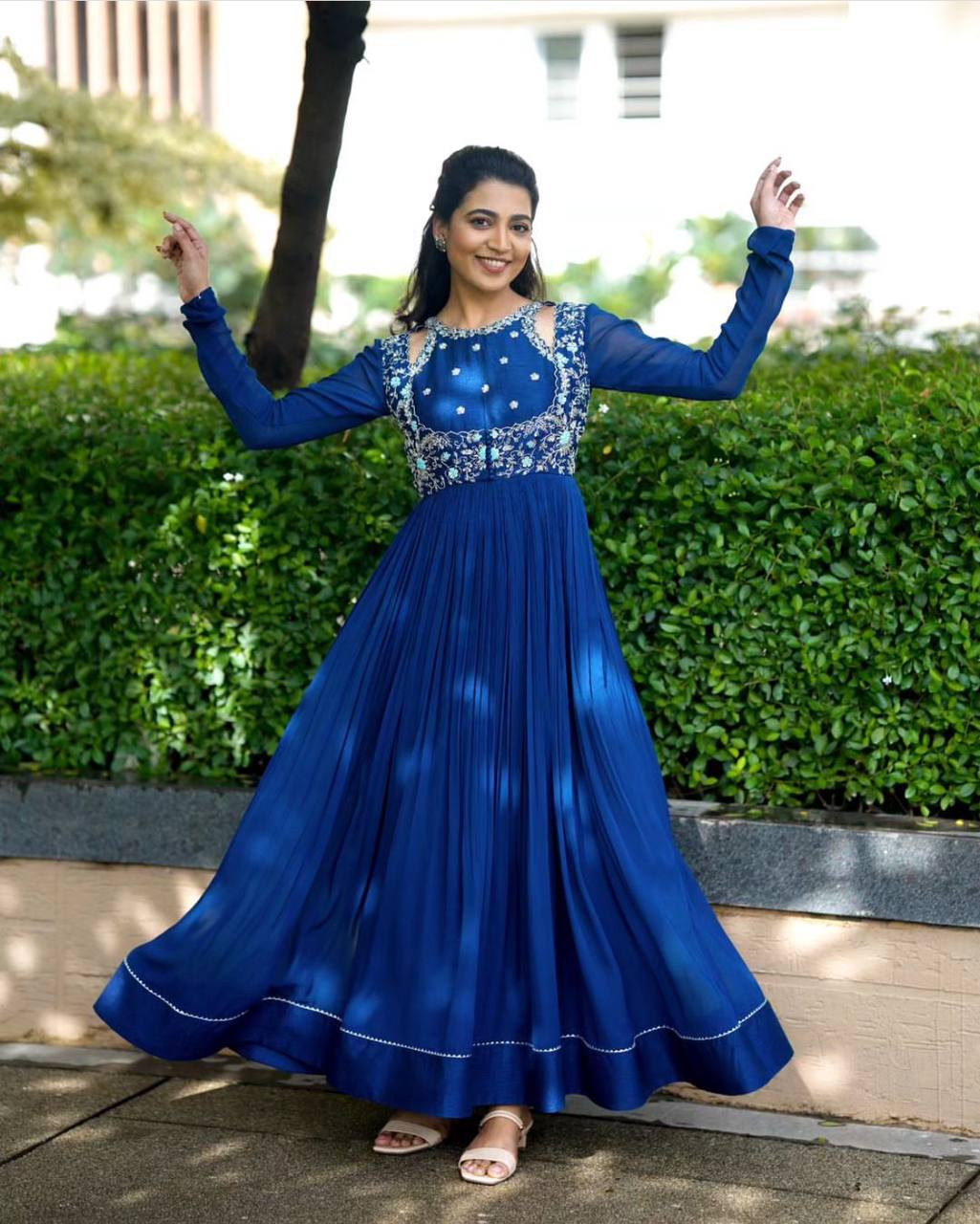 Blue Embroidered  with with Micro Cotton Gown