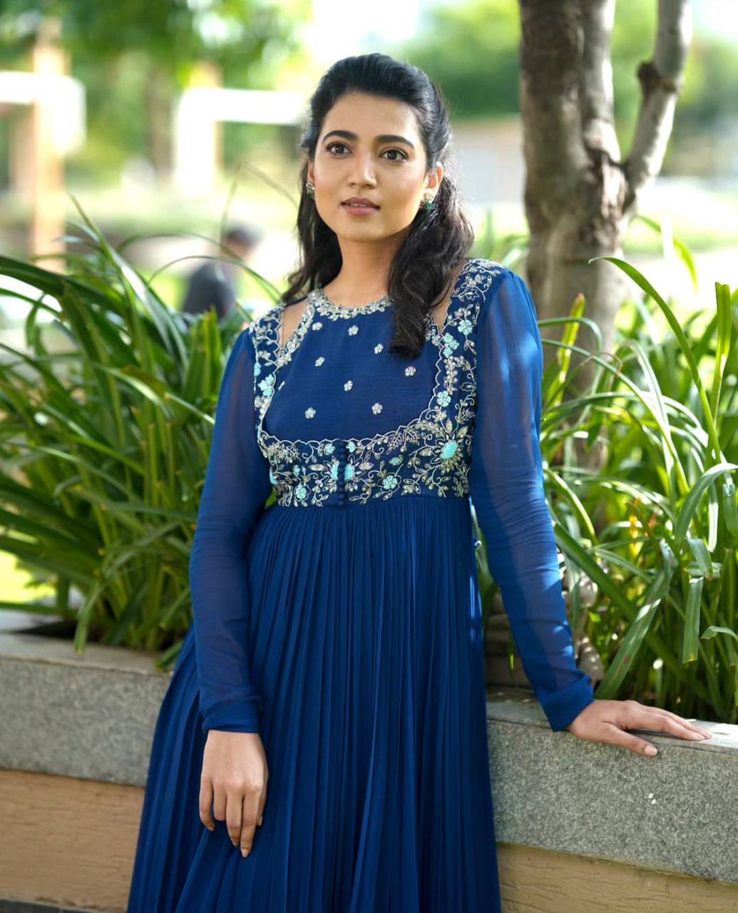 Blue Embroidered  with with Micro Cotton Gown