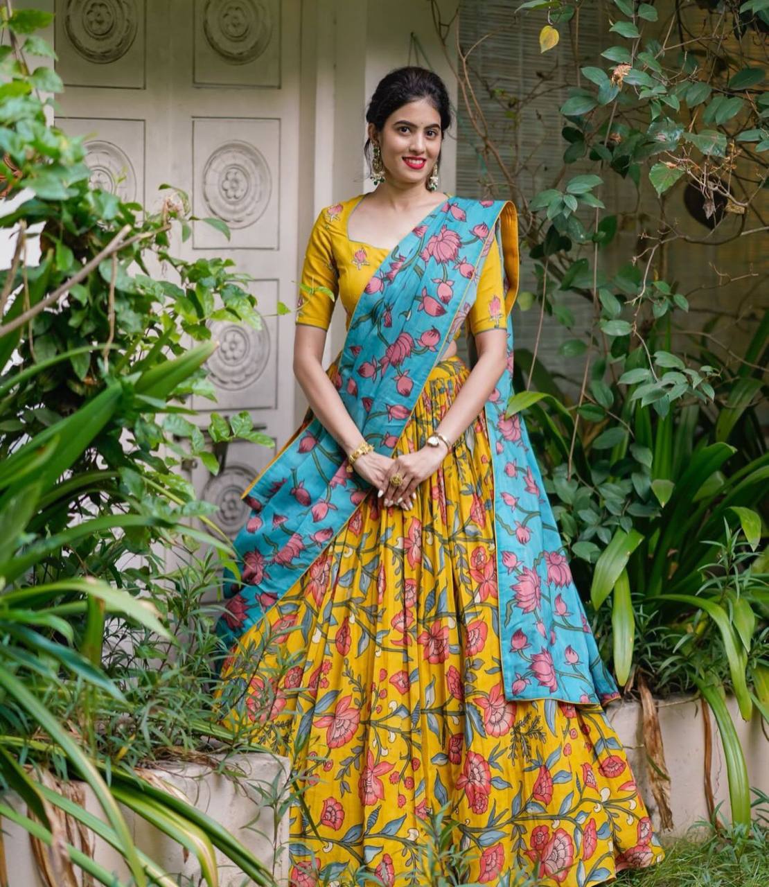 Yellow  Chant Crepe Kalamkari Printed Lehenga Choli