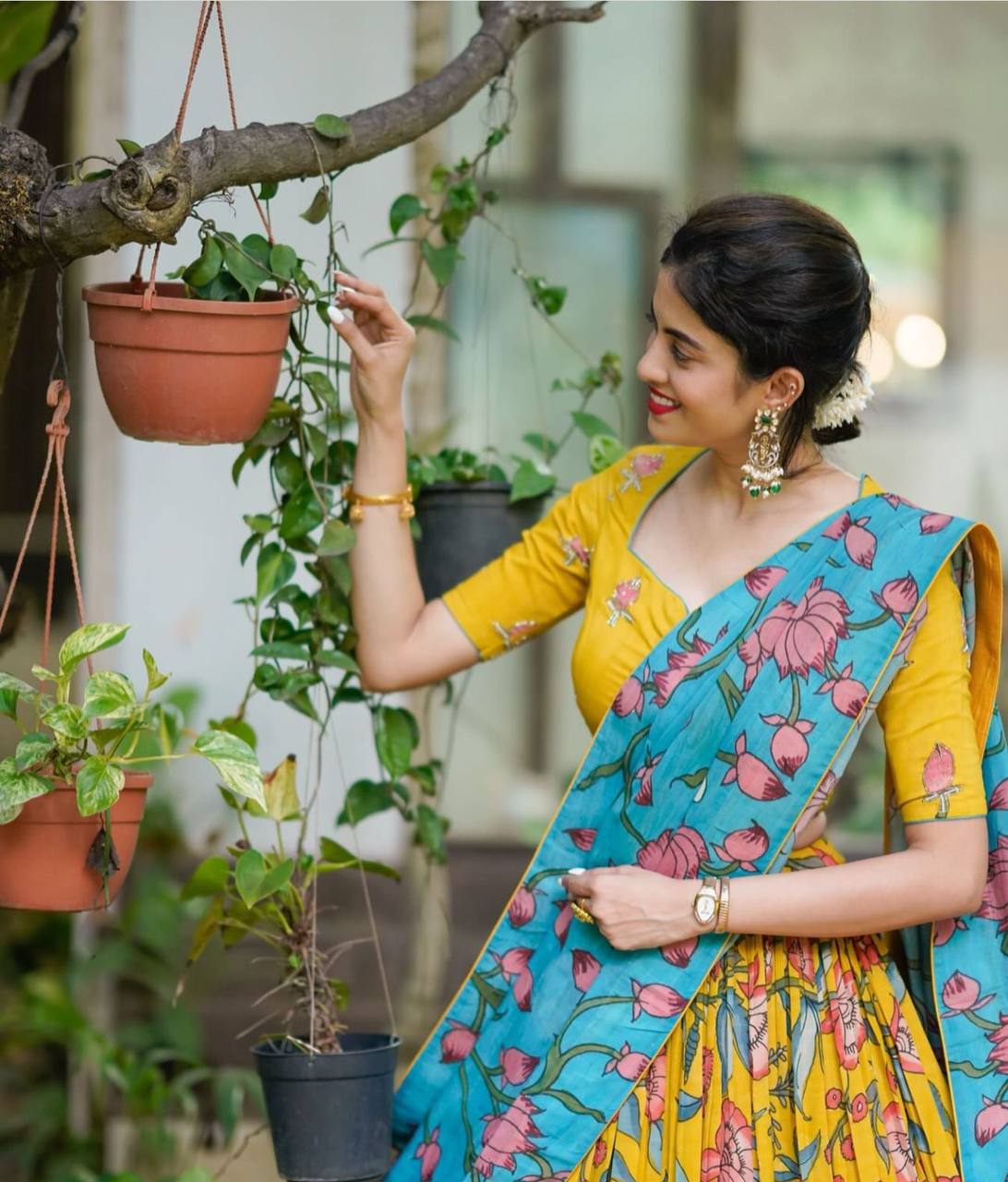 Yellow  Chant Crepe Kalamkari Printed Lehenga Choli