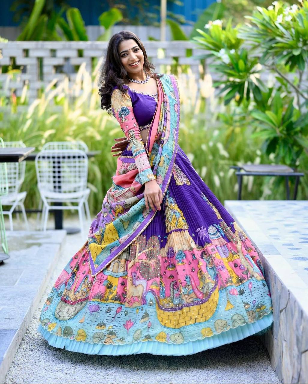 Purple Stunning Kalamkari Printed Chinon Silk Lehenga choli