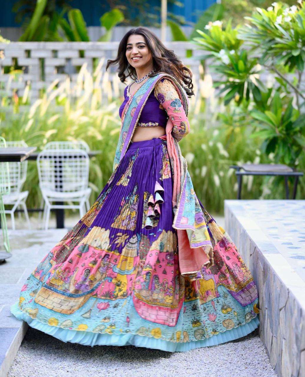 Purple Stunning Kalamkari Printed Chinon Silk Lehenga choli