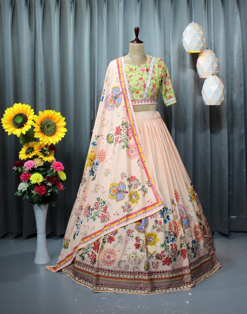 Cream LENGHA CHOLI WITH REAL MIRROR WORK AND ATTACHED DUPATTA