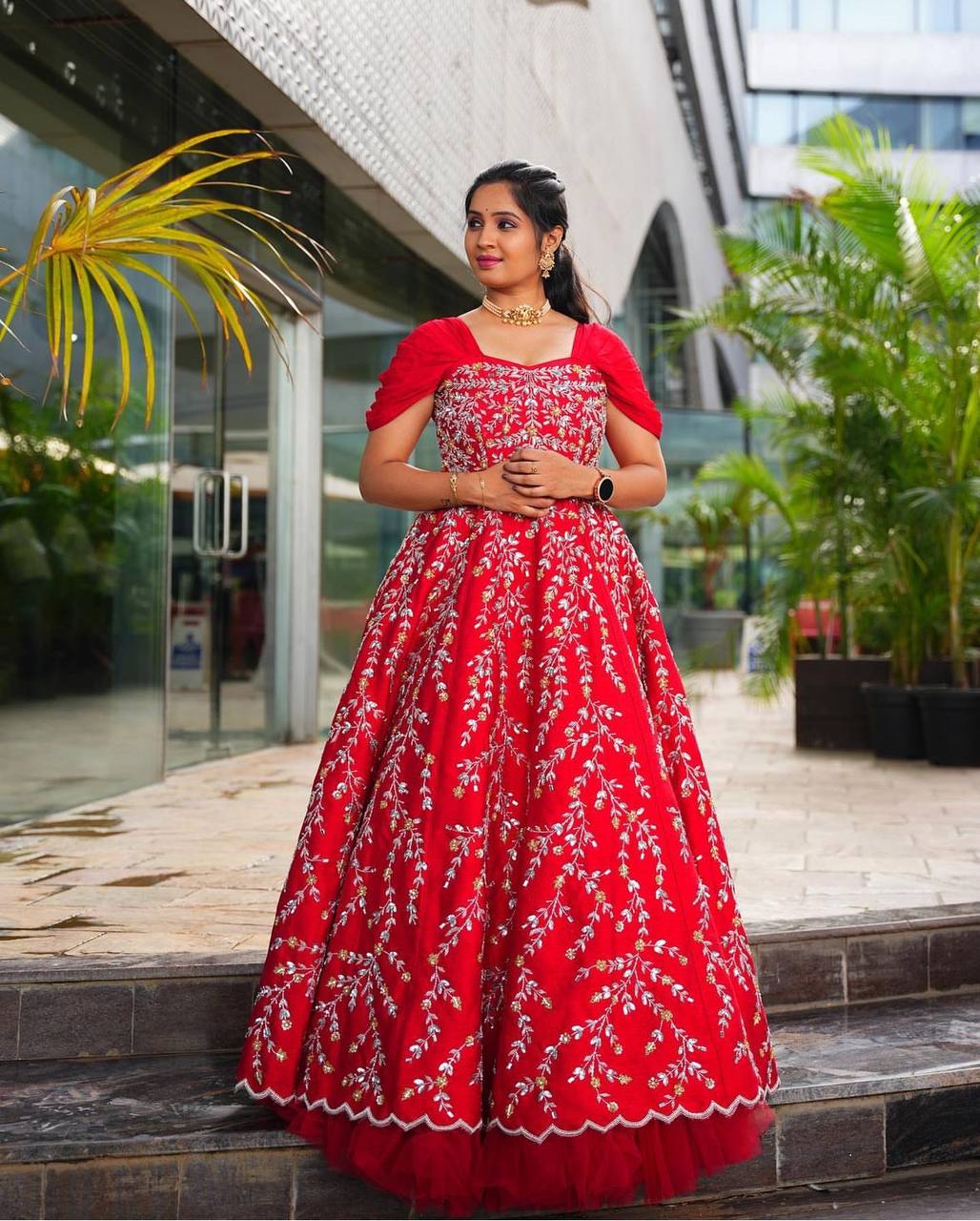 Red Georgette Embroidered Anarkali Gown