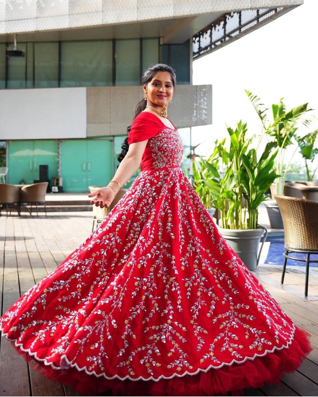 Red Georgette Embroidered Anarkali Gown