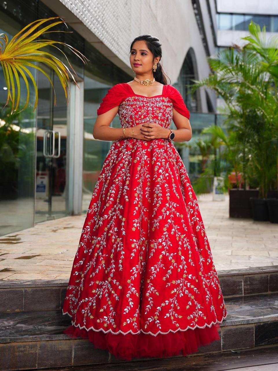 Red Georgette Embroidered Anarkali Gown