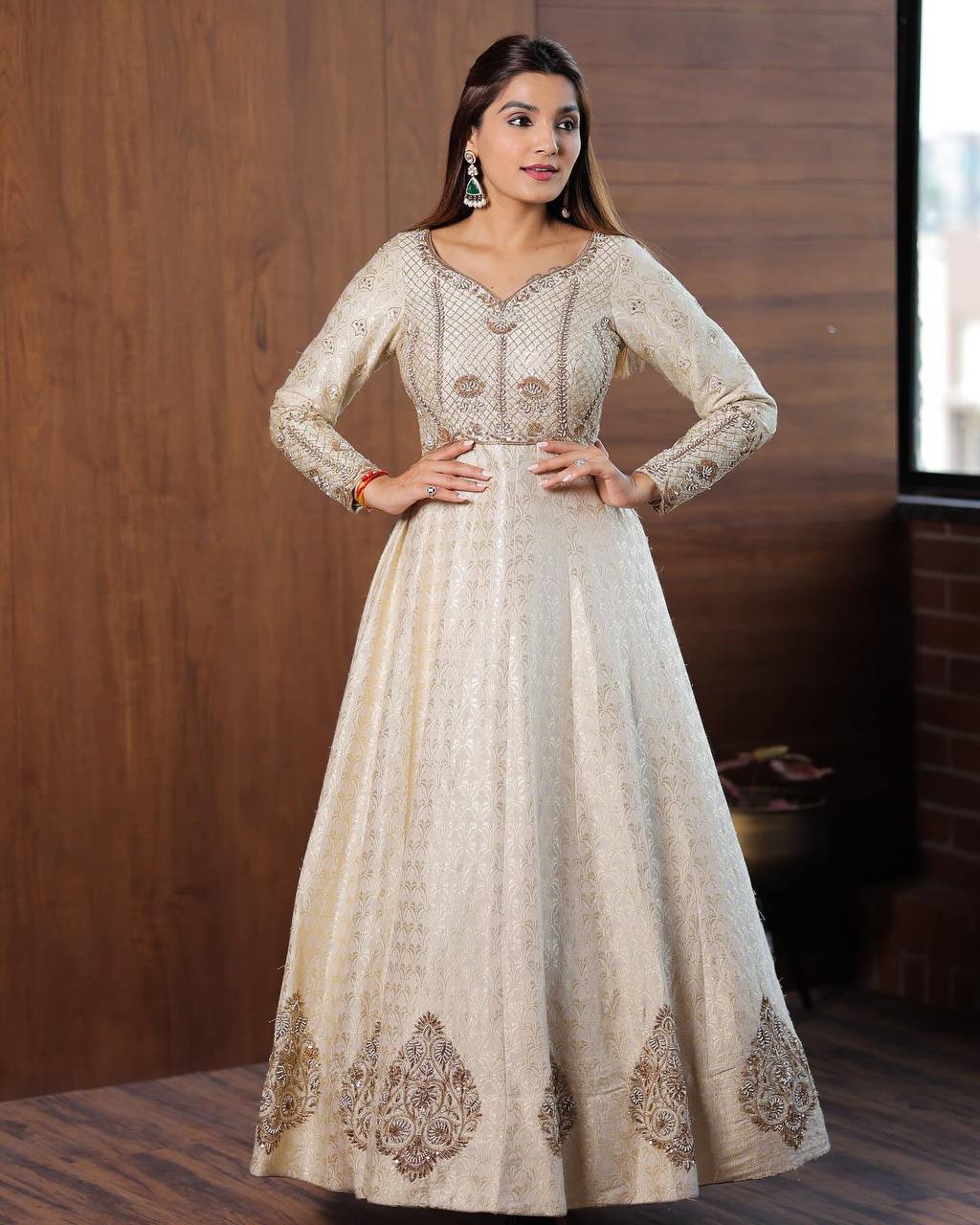 Luxury Embroidered  with Silk Jacquard  Gown