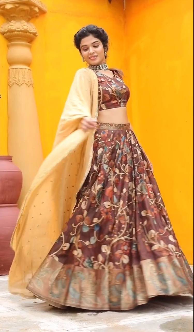 brown kalamkari print work  malhari silk lehenga choli