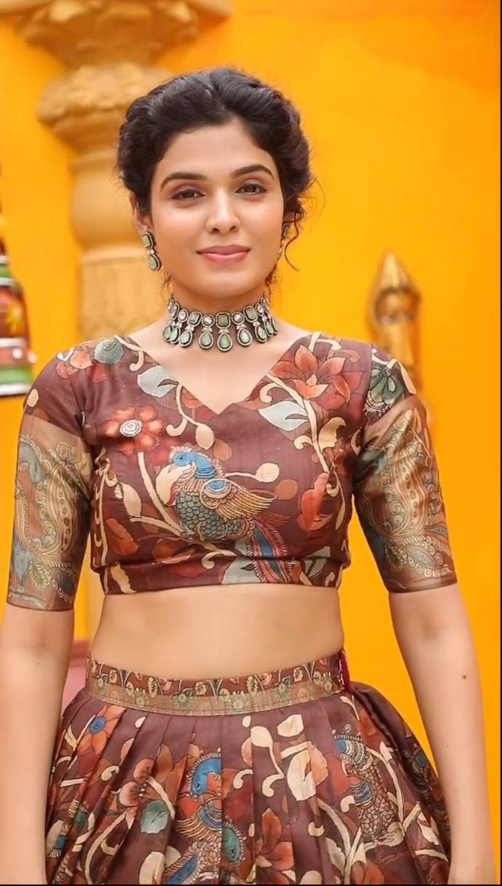 brown kalamkari print work  malhari silk lehenga choli