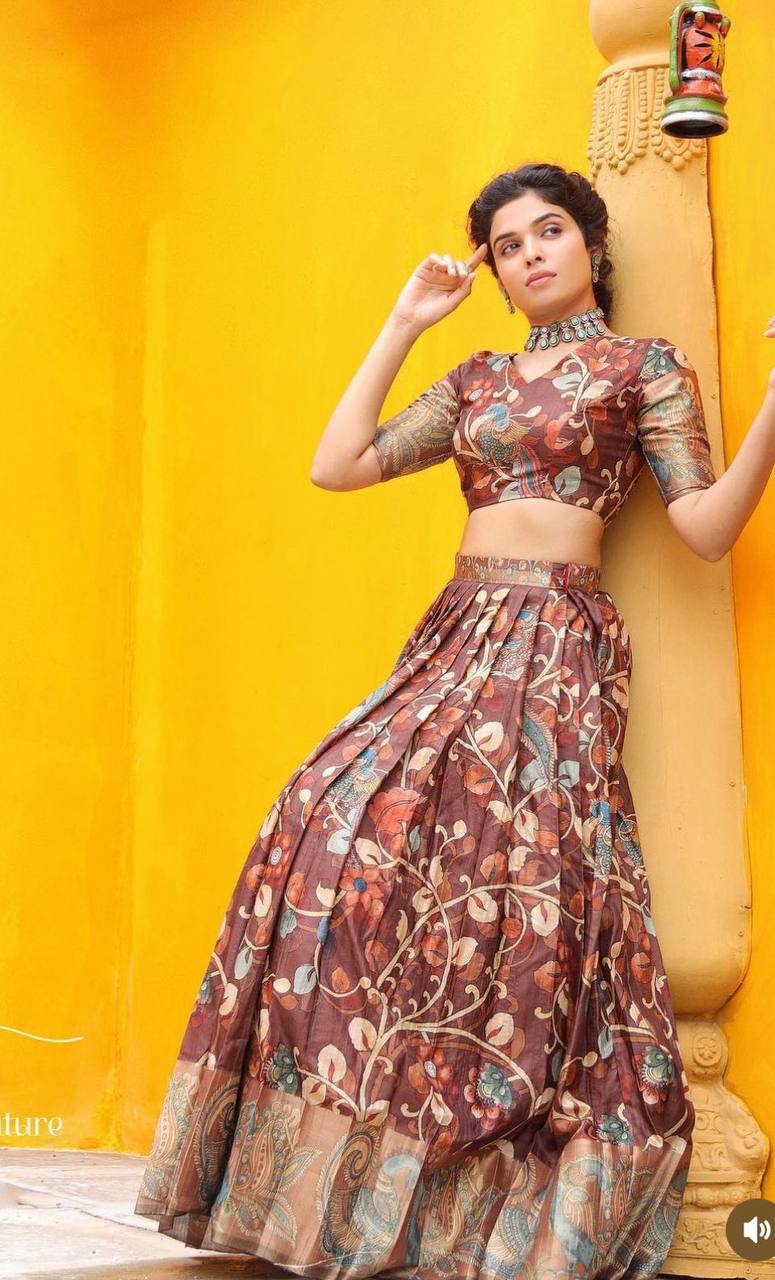 brown kalamkari print work  malhari silk lehenga choli