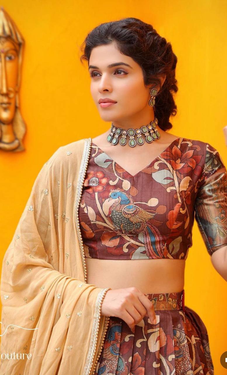 brown kalamkari print work  malhari silk lehenga choli