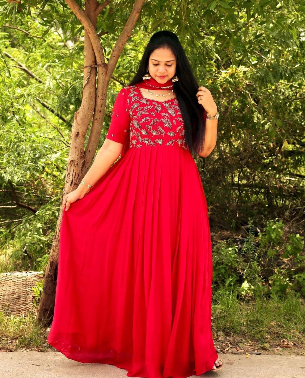 Red Georgette Embroidered Anarkali Gown