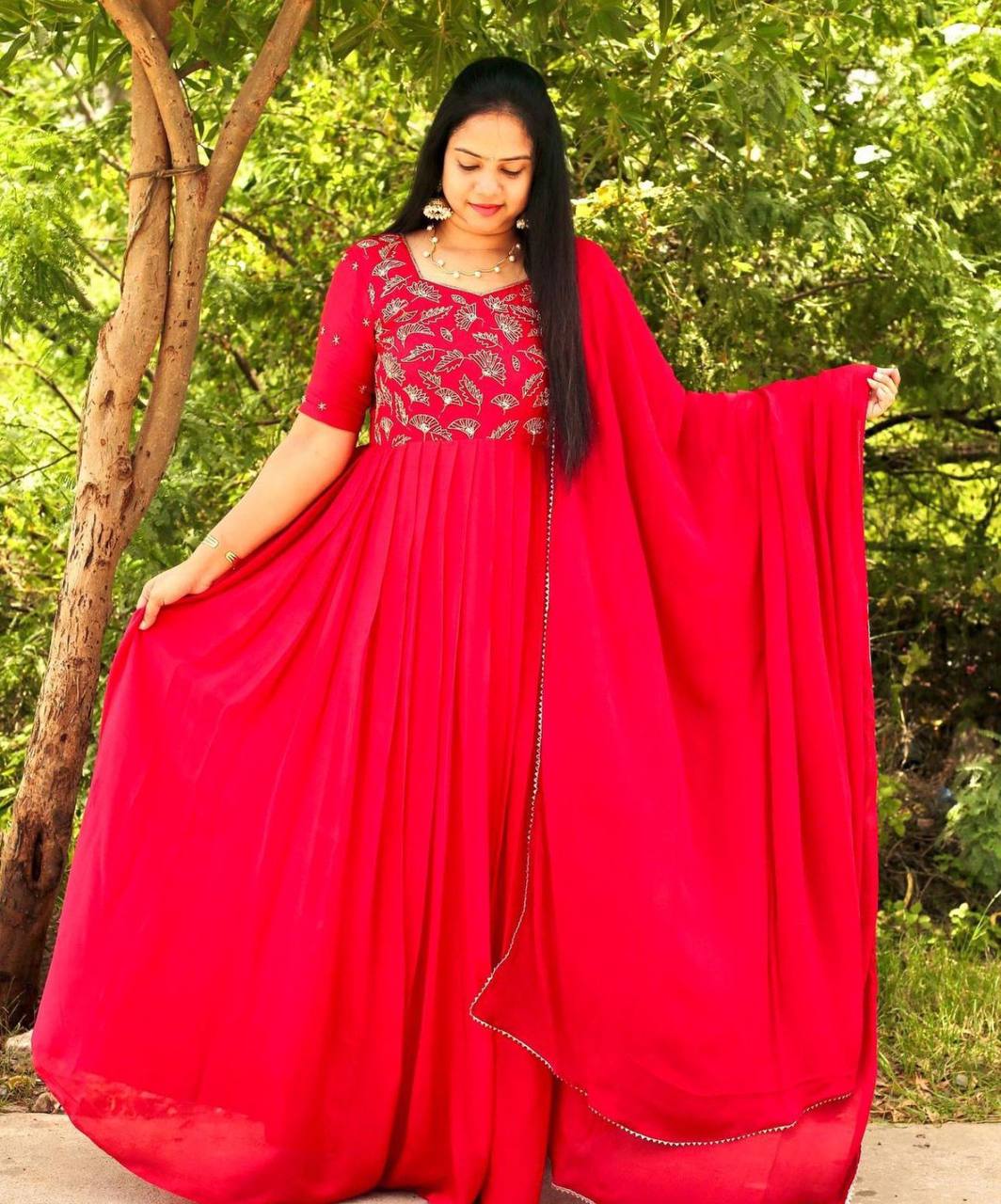 Red Georgette Embroidered Anarkali Gown