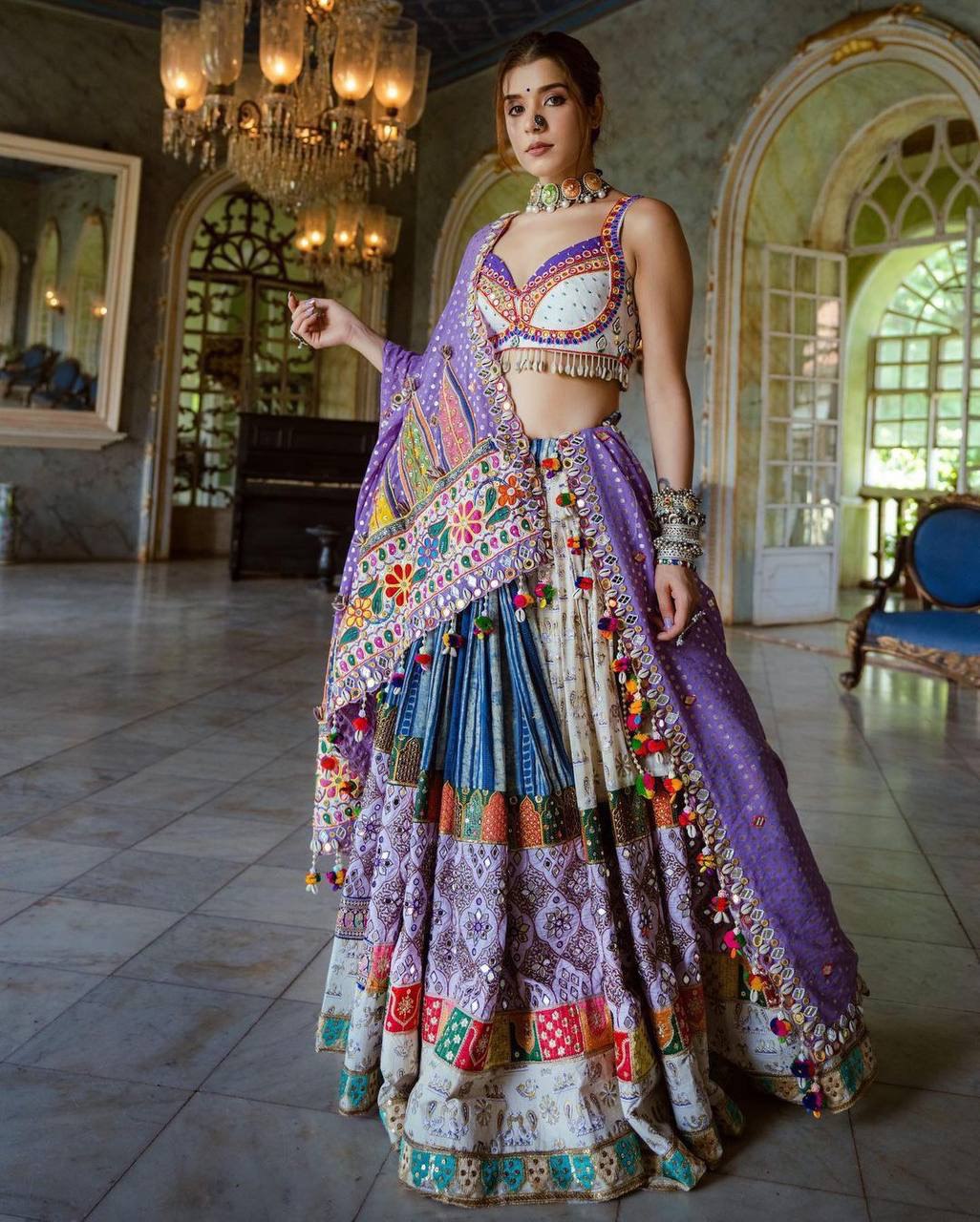 WHITE PURPLE LENGHA CHOLI WITH REAL MIRROR WORK AND ATTACHED DUPATTA