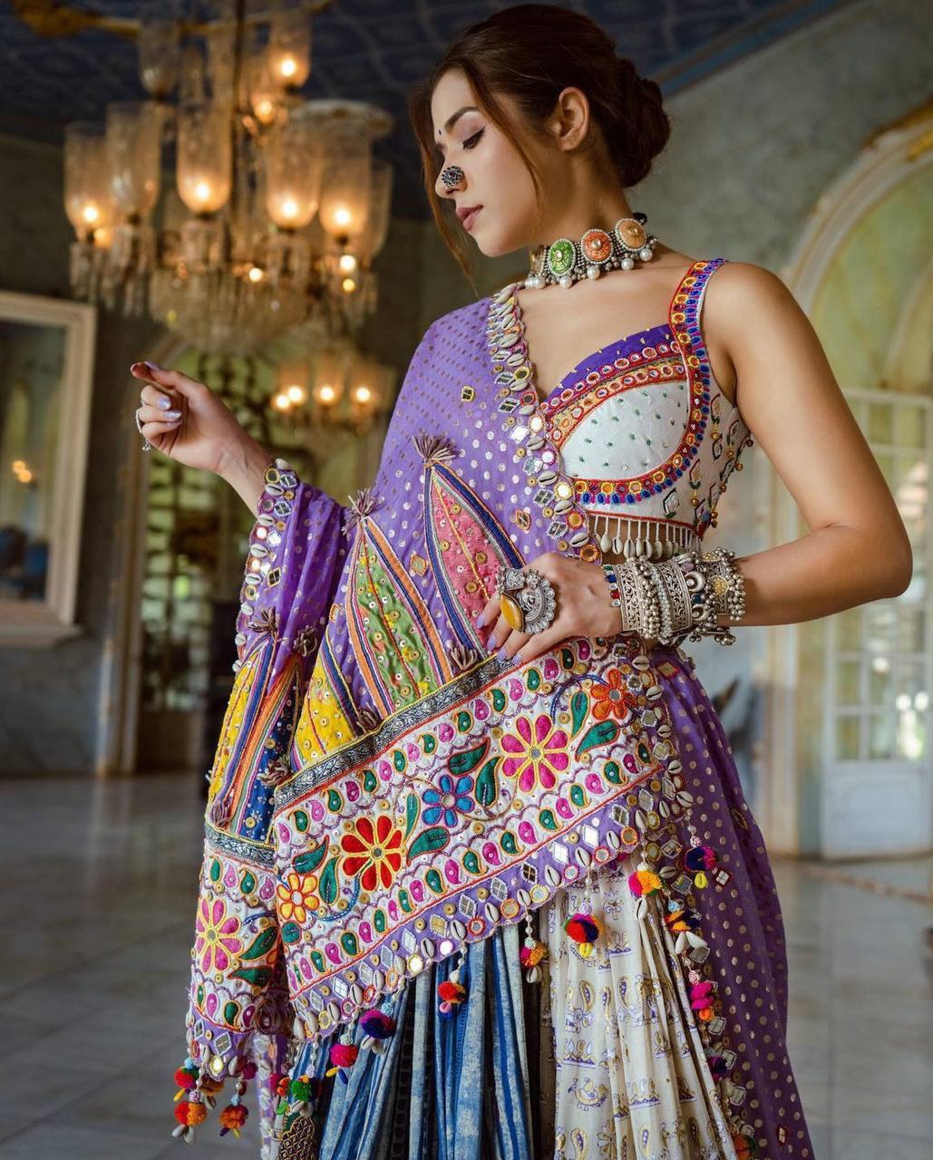 WHITE PURPLE LENGHA CHOLI WITH REAL MIRROR WORK AND ATTACHED DUPATTA