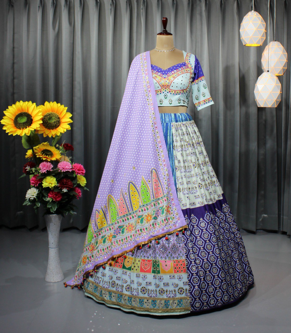 WHITE PURPLE LENGHA CHOLI WITH REAL MIRROR WORK AND ATTACHED DUPATTA