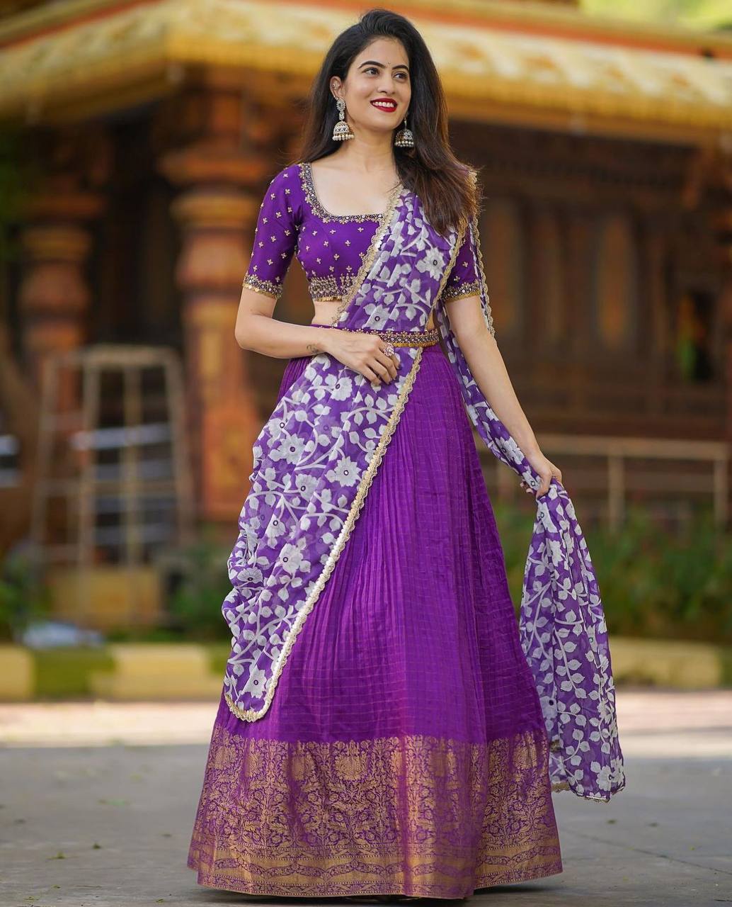 Purple Embroidery work jacquard Viving  lehenga choli